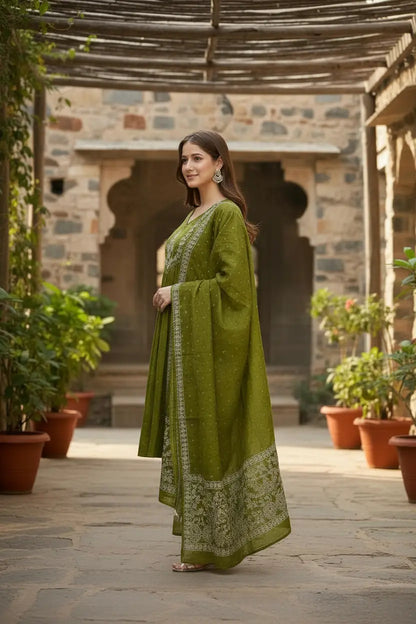 Women's Beautiful Cotton Fabric Embroidery Work Flared Anarkali Pant and Dupatta Set