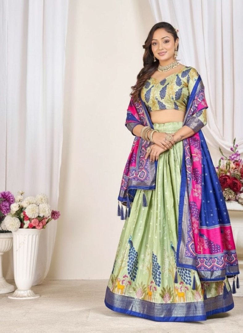 New Green patola print dola silk semi stitched lehenga choli with tassels