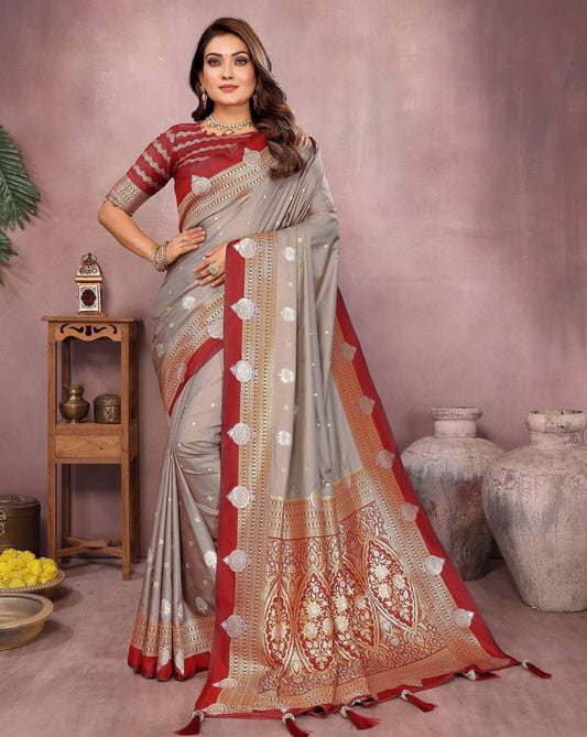 Grey Pure Handloom Kalamkari Silk With Zari Woven Design Saree With Blouse