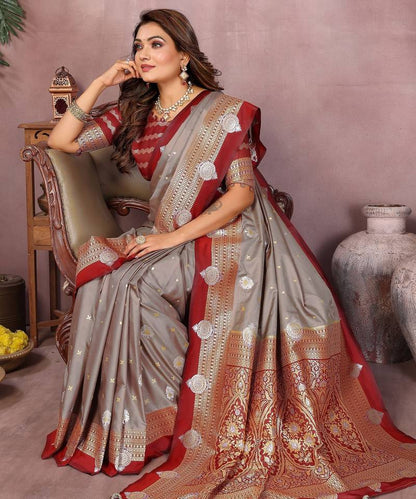 Grey Pure Handloom Kalamkari Silk With Zari Woven Design Saree With Blouse