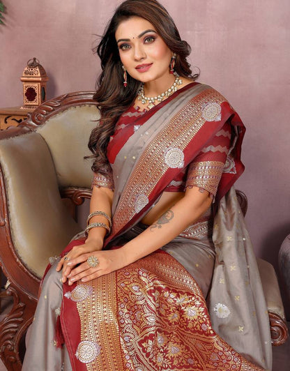 Grey Pure Handloom Kalamkari Silk With Zari Woven Design Saree With Blouse