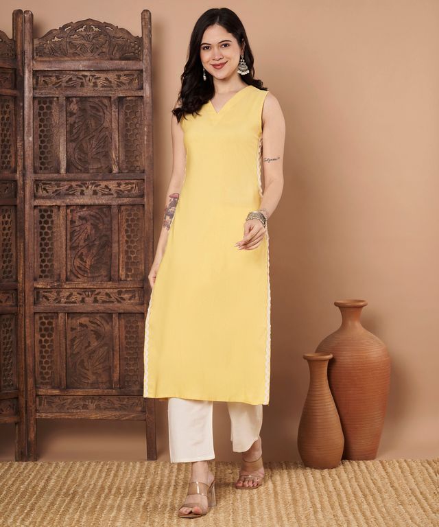 Yellow Color Cotton Fabric Solid Stylish Formal Kurta