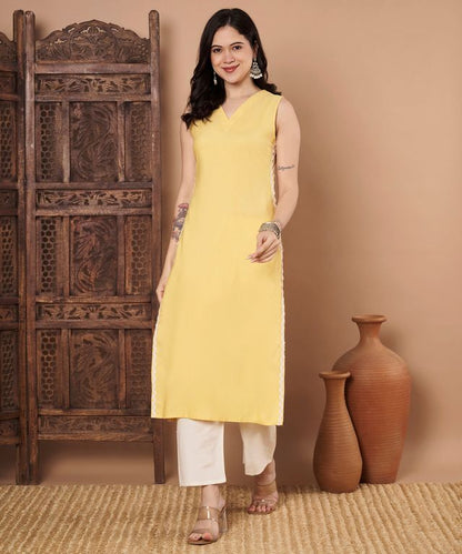 Yellow Color Cotton Fabric Solid Stylish Formal Kurta