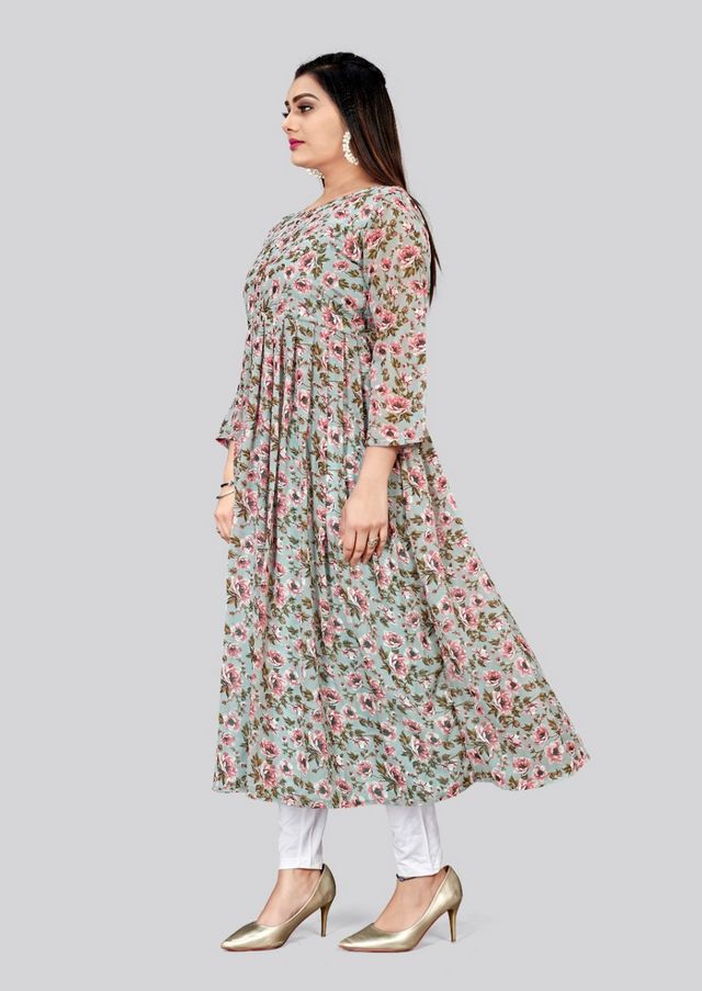 Grey Color Georgette Fabric Readymade Kurti For Ethnic Festive Looks