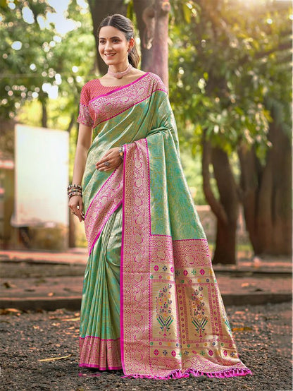 Teal Color Kanjivaram Silk Ethnic Fancy Meenakari Designer Saree