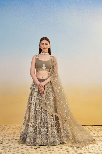 Ivory Heavy Embroidery Net Semi Stitch A Line Lehenga With Blouse