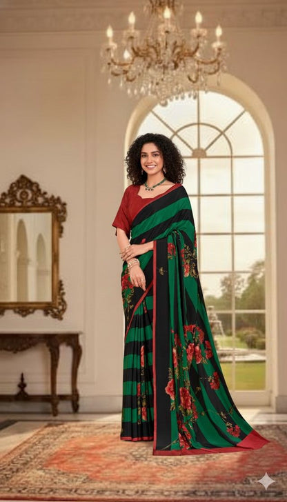 Green Color Deisgner Printed Crepe Silk Saree for Ceremonial Presence