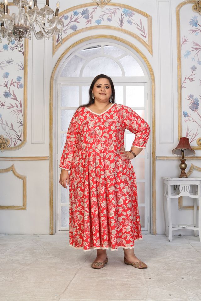 Red Color Rayon Fabric Designer Printed Plus Size Kurta For Girls