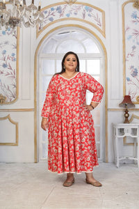 Red Color Rayon Fabric Designer Printed Plus Size Kurta For Girls