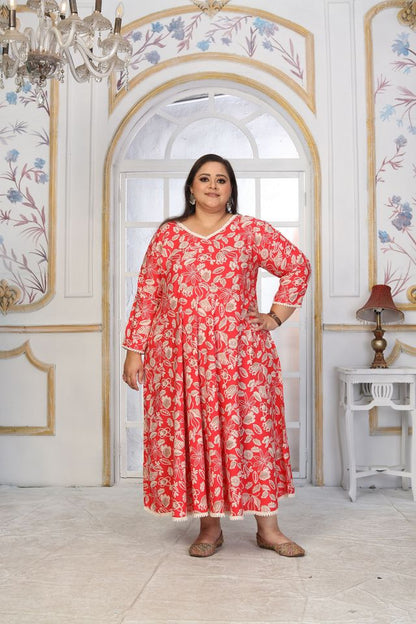 Red Color Rayon Fabric Designer Printed Plus Size Kurta For Girls