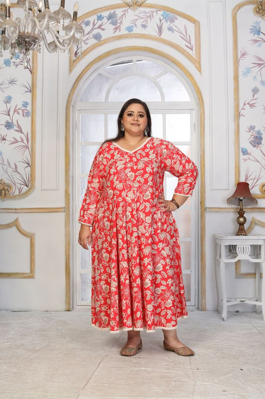 Red Color Rayon Fabric Designer Printed Plus Size Kurta For Girls