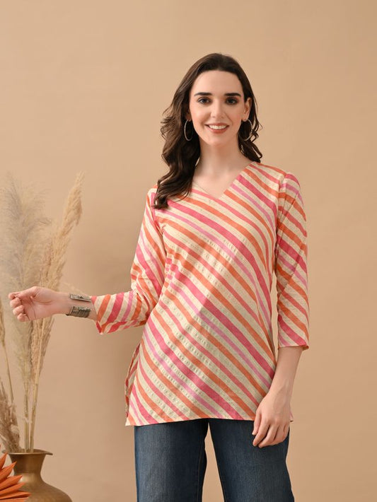 Orange Color Cambric Cotton Fabric Designer Printed Formal Short Kurta