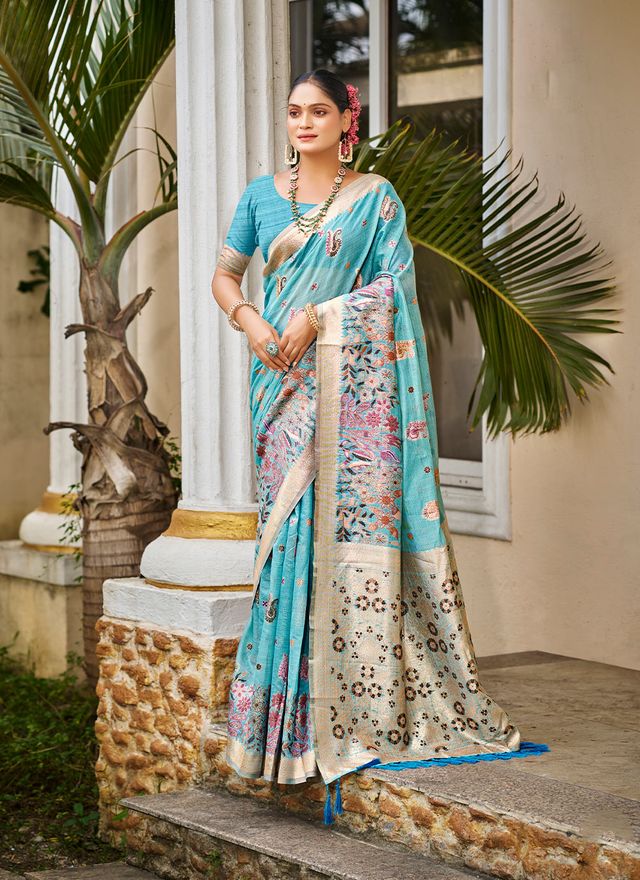 Blue Color Cotton Silk Fabric Woven Meenakari Designer Saree