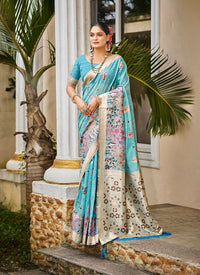 Blue Color Cotton Silk Fabric Woven Meenakari Designer Saree