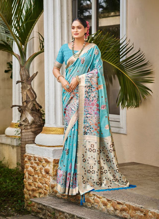 Blue Color Cotton Silk Fabric Woven Meenakari Designer Saree