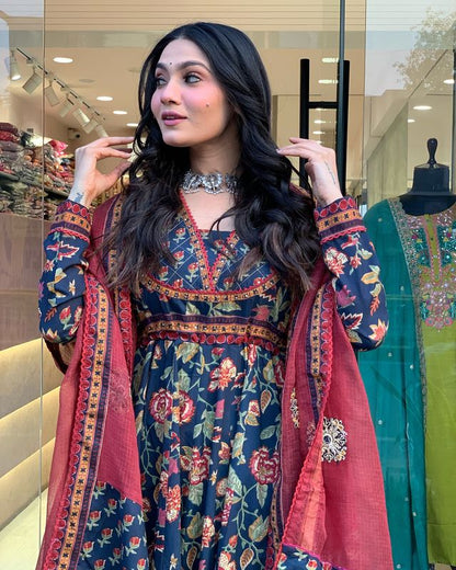Blue Color Beautiful Partywear Kurta Set With Dupatta For Stylish Looks