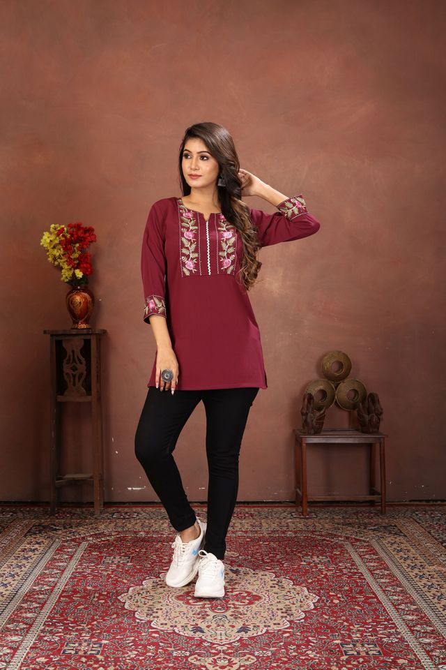 Wine Color Rinkal Cotton Fabric Formal Looking Casual Short Kurta