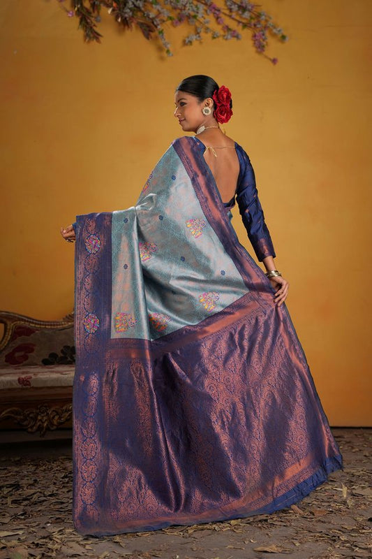 Blue Color Beautiful Art Silk Fabric Woven Jacquard Designer Saree