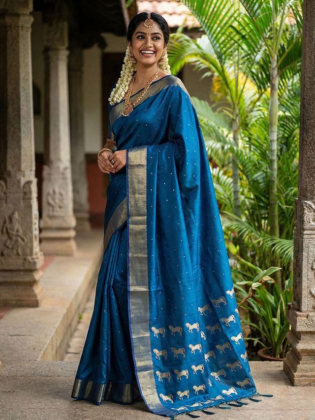 Royal Blue Color Soft Silk Fabric Woven Designer Saree For Ethnic Looks