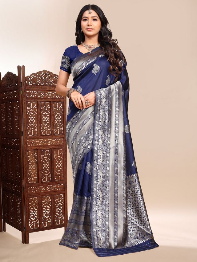 Blue Color Ethnic Lichi Silk Fabric Graceful Woven Designer Saree