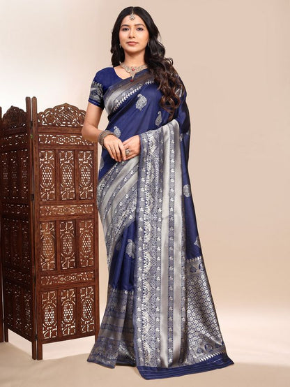 Blue Color Ethnic Lichi Silk Fabric Graceful Woven Designer Saree