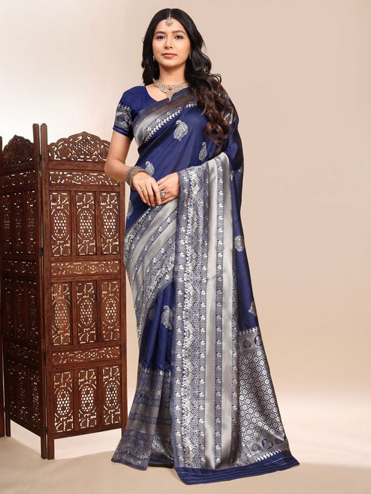 Blue Color Ethnic Lichi Silk Fabric Graceful Woven Designer Saree