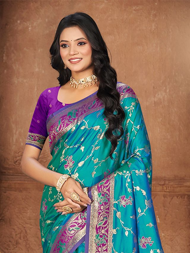 Teal Blue Color Silk Fabric Woven Designer Ethnic Partywear Saree