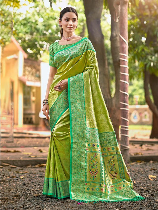 Olive Color Kanjivaram Silk Ethnic Fancy Meenakari Designer Saree