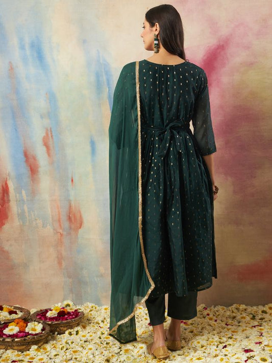 Green Color Cotton Silk Ethnic Fancy Partywear Suit With Classy Looks
