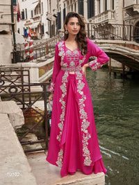 Pink Chinon Silk Indowestern Crop Top, Skirt And Shrug Set Free Size Full Stitched Upto 42