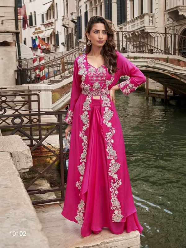 Pink Chinon Silk Indowestern Crop Top, Skirt And Shrug Set Free Size Full Stitched Upto 42