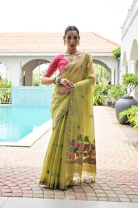 Green Color Chanderi Cotton Fabric Weaving Reshan Flower Designer Ethnic Saree