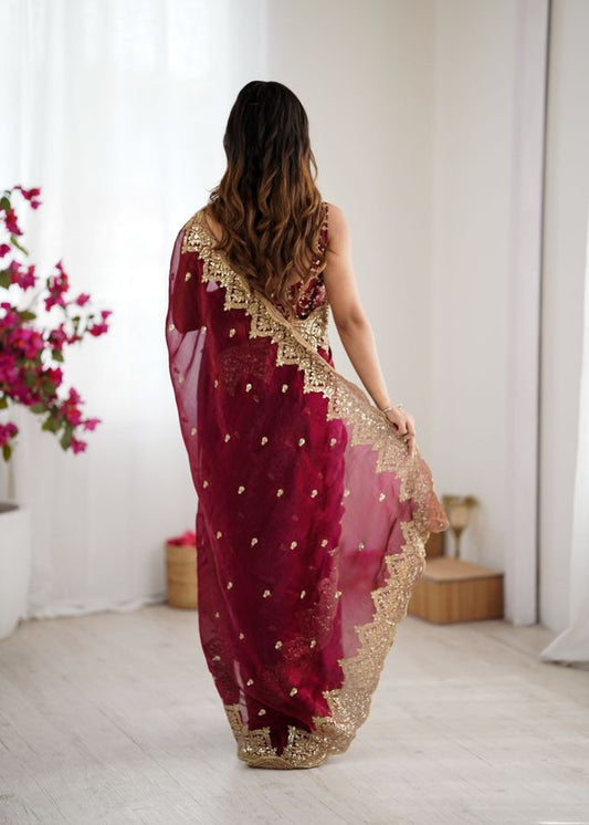 Wine Color Fendy Chiffon Fabric Beautiful Embroidered Saree