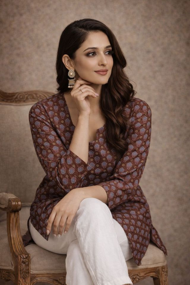 Brown Color Muslin Fabric Formal Looks Kurta For Girls