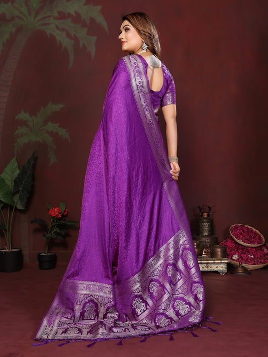 Purple Color Satin Silk Fabric Woven Jari Designer Sophisticated Saree