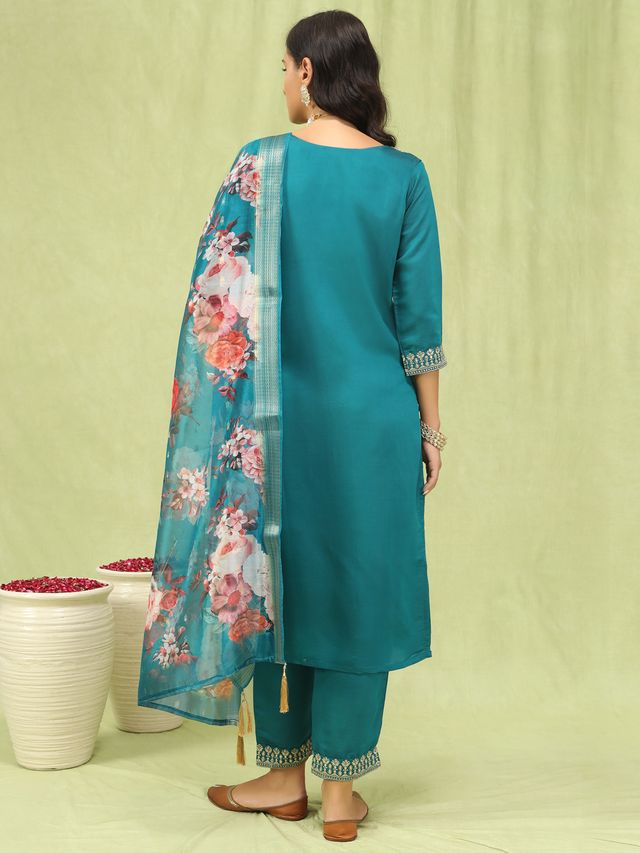 Rama Color Viscose Roman Silk Fabric Designer Embroidered Suit