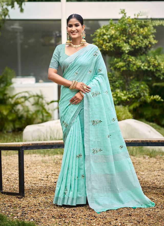 Turquoise Color Beautiful Linen Fabric Sophisticated Ethnic Saree