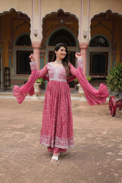 Pink Color Faux Georgette Fabric Beautiful Ceremonial Suit With Dupatta