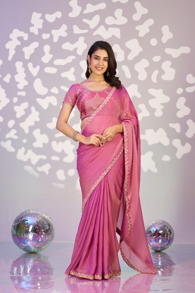 Pink Color Ethnic Embroidered Moss Chiffon Fabric Girlie Partywear Saree