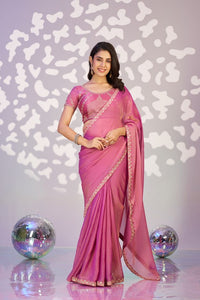 Pink Color Ethnic Embroidered Moss Chiffon Fabric Girlie Partywear Saree