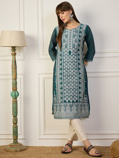 Teal Color Cotton Silk Fabric Woven Designer Ethnic Formal Kurta