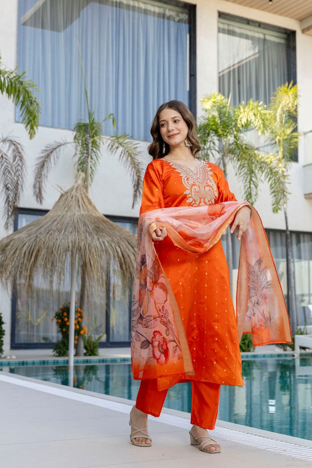 Orange Color Beautiful Readymade Dress On Jacquard Silk Fabric For Graceful Girlie Looks