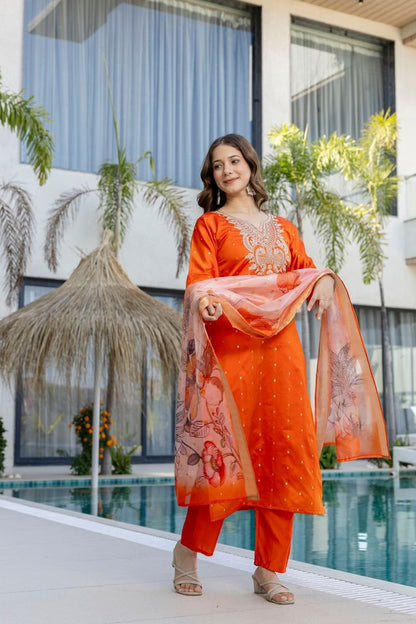 Orange Color Beautiful Readymade Dress On Jacquard Silk Fabric For Graceful Girlie Looks