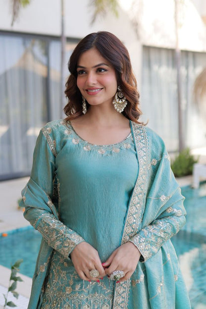 Sea Green Color Fendy Crush Fabric Classy Sequins Embroidered Partywear Readymade Suit With Dupatta