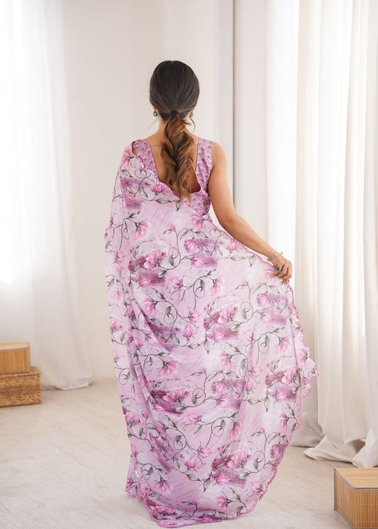 Purple Color Chinon Fabric Digital Printed Partywear Ceremonial Saree