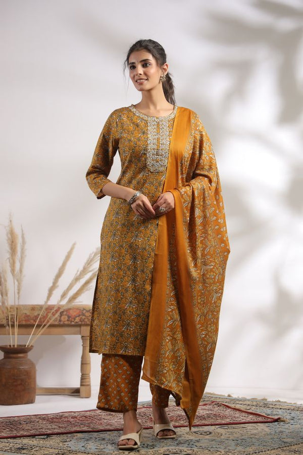 Mustard Color Cotton Fabric Stylish And Trendy Kurta Set For Ethnic Girls