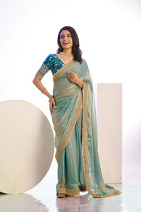 Aqua Color Stylish Heavy Partywear Saree For Rich Girlie Looks