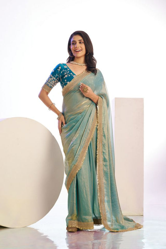 Aqua Color Stylish Heavy Partywear Saree For Rich Girlie Looks