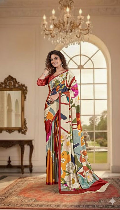 Cream Color Deisgner Printed Crepe Silk Saree for Ceremonial Presence