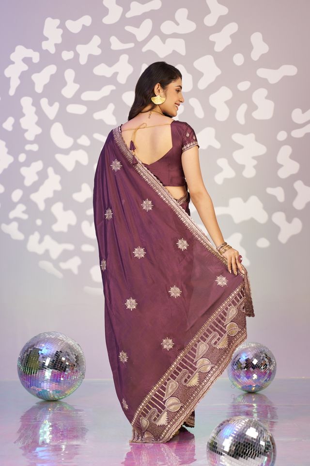 Purple Color Crepe Fabric Embroidery Work Ready To Wear Saree